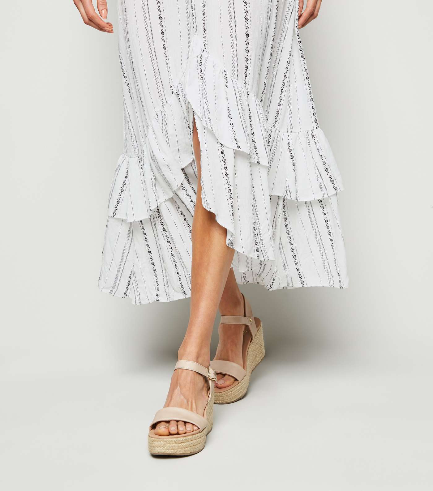 White Stripe Ruffle Dip Hem Midi Beach Dress Image 3