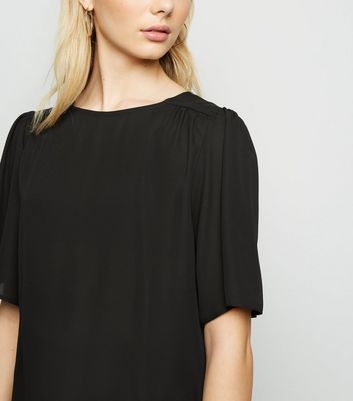 Image of Black Chiffon Flutter Sleeve Long Blouse New Look