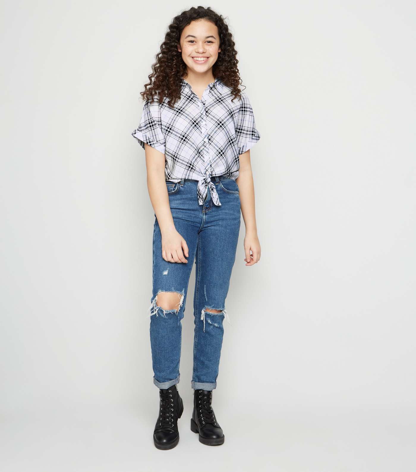 Girls White Check Tie Front Shirt Image 2