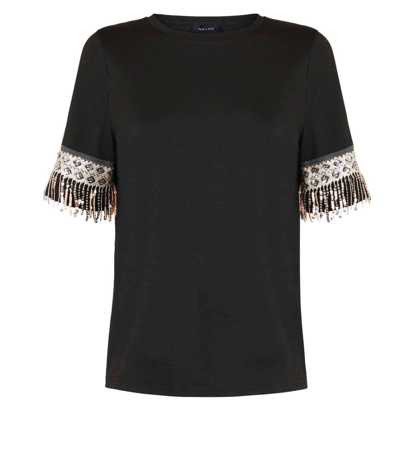 Black Sequin Crochet Tassel Trim T-Shirt  Image 4