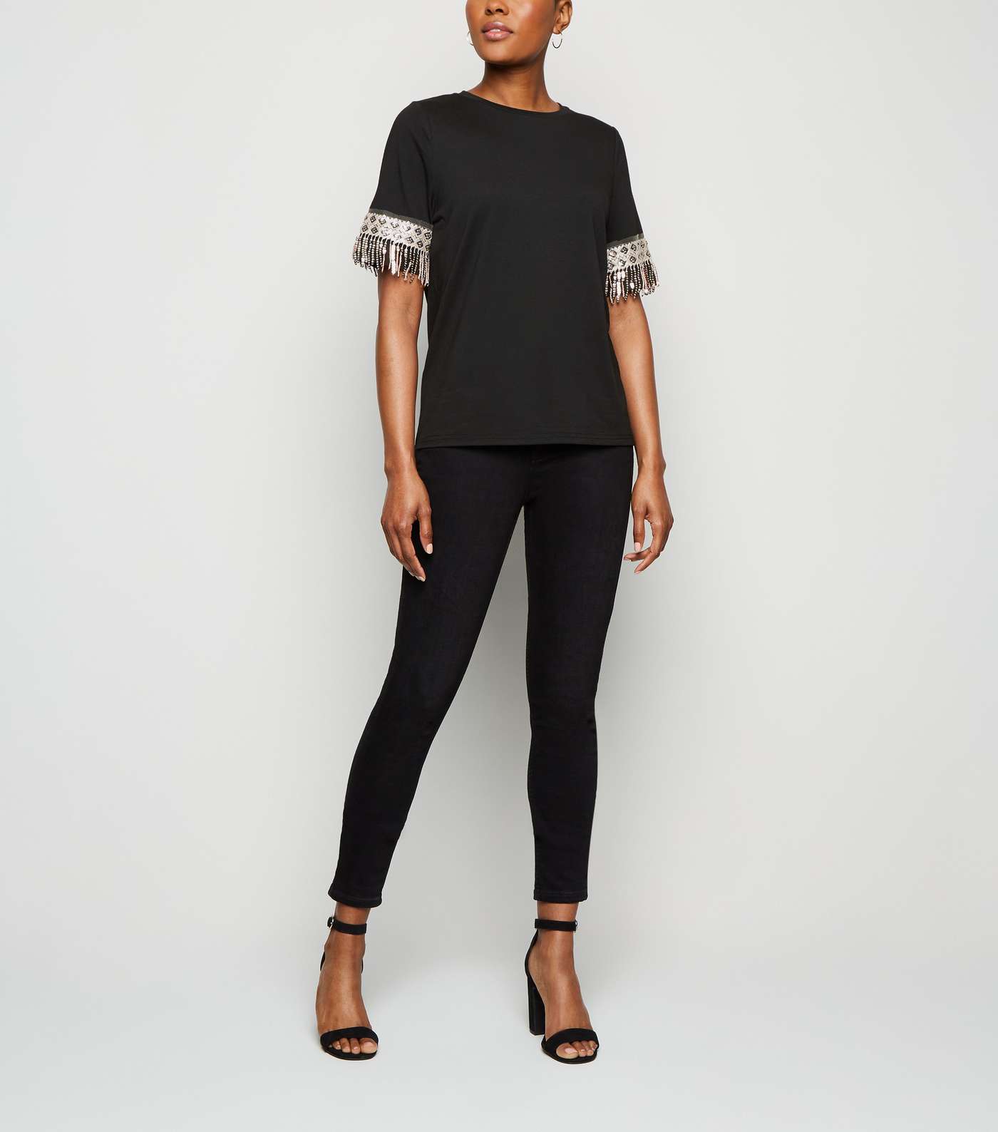 Black Sequin Crochet Tassel Trim T-Shirt  Image 2