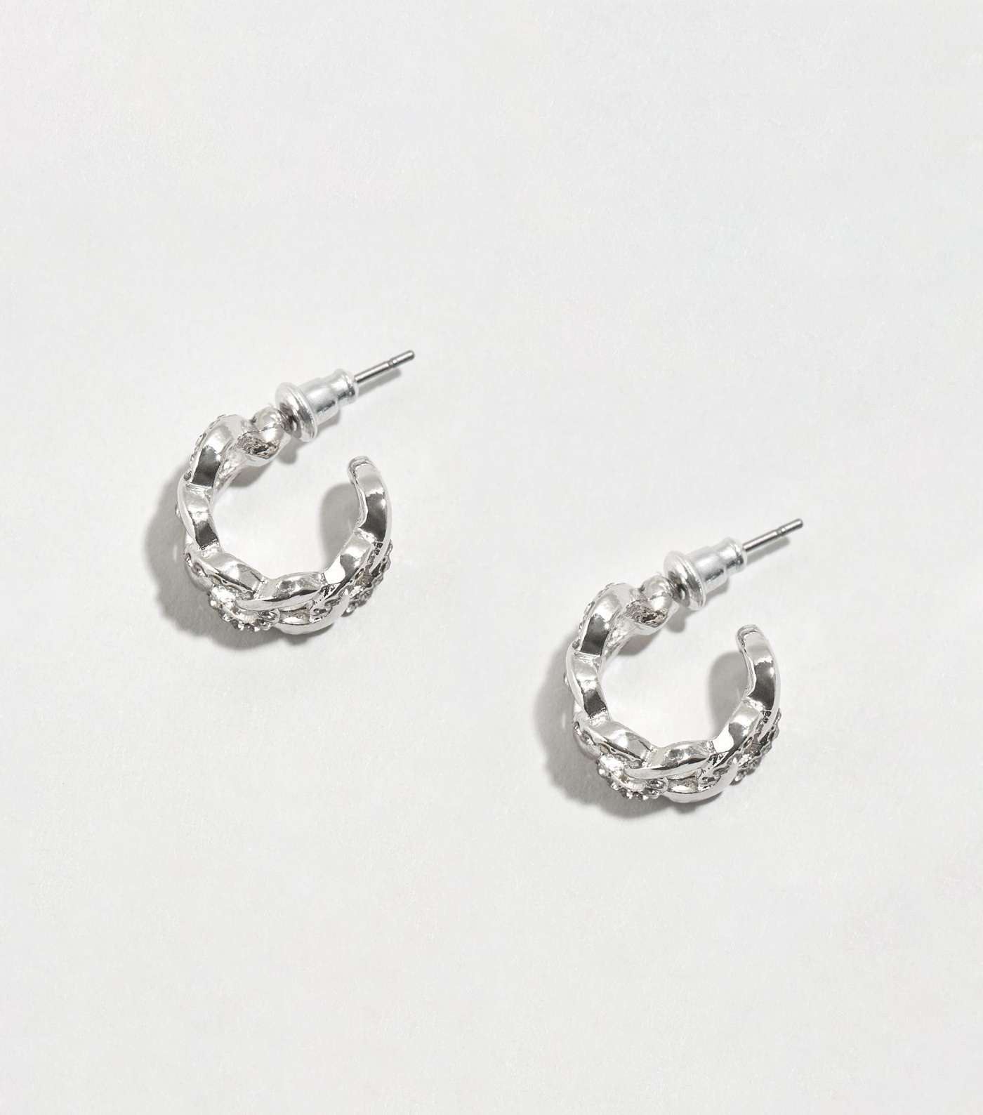 Silver Chunky Chain Diamanté Hoop Earrings Image 3