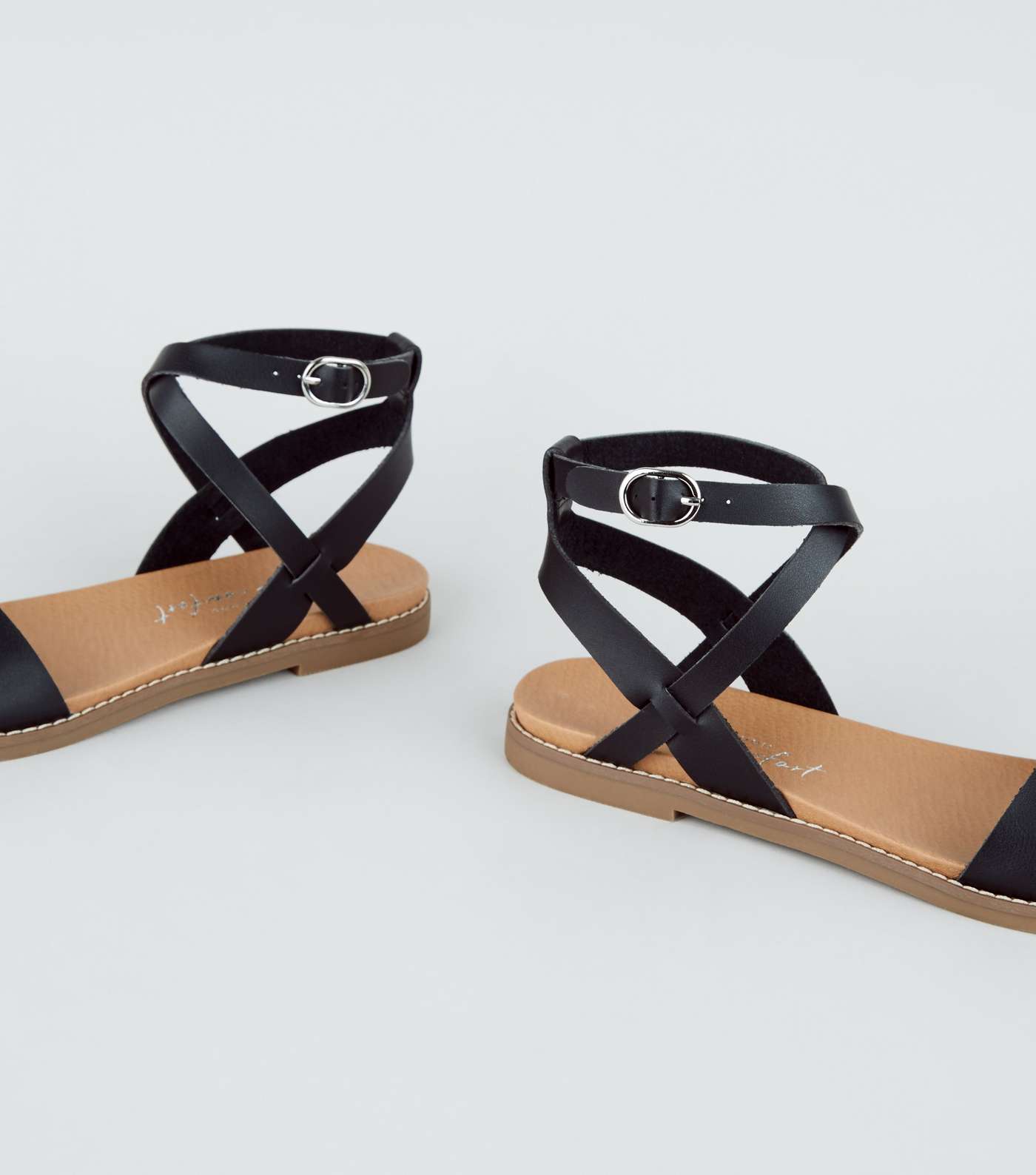 Black Leather-Look Cross Strap Footbed Sandals Image 4