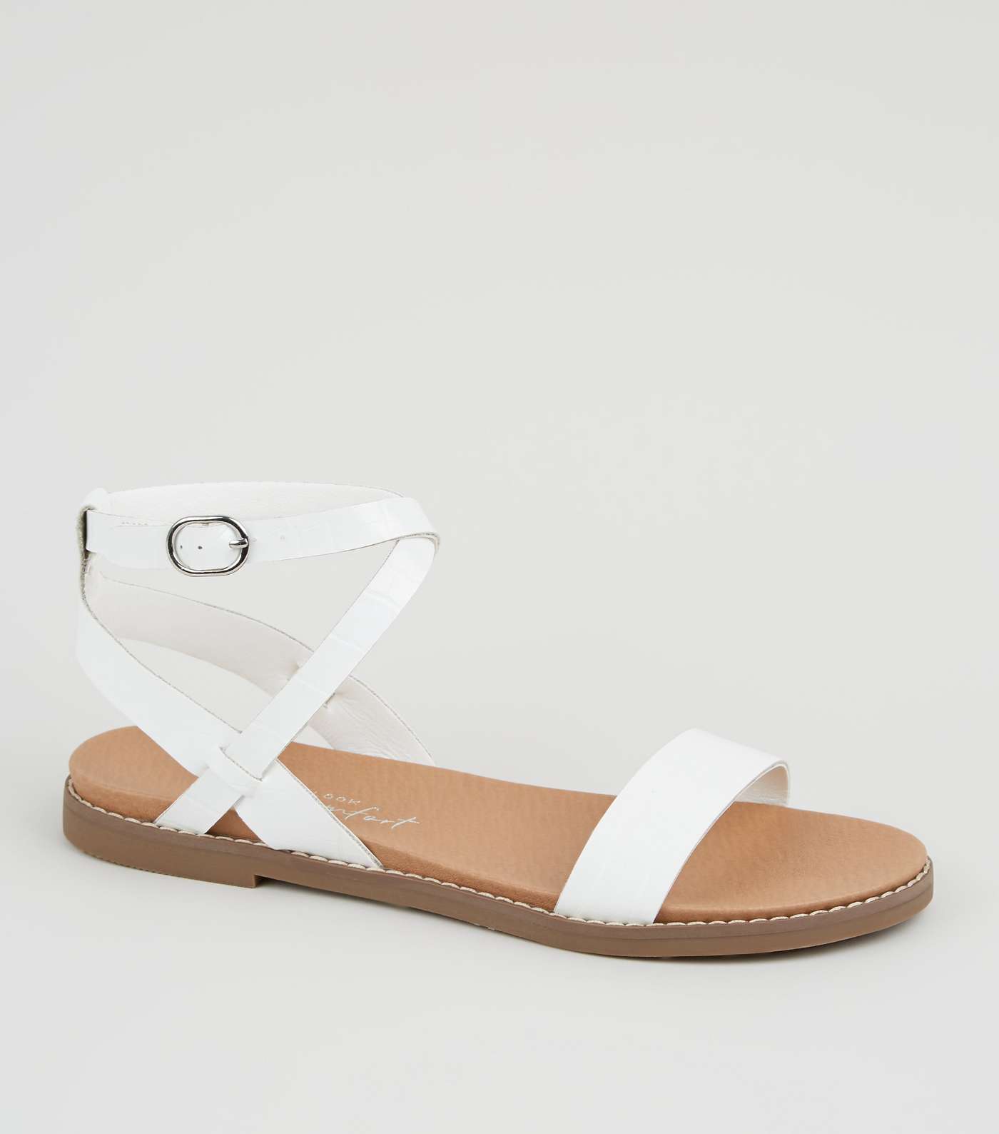 White Leather-Look Cross Strap Footbed Sandals