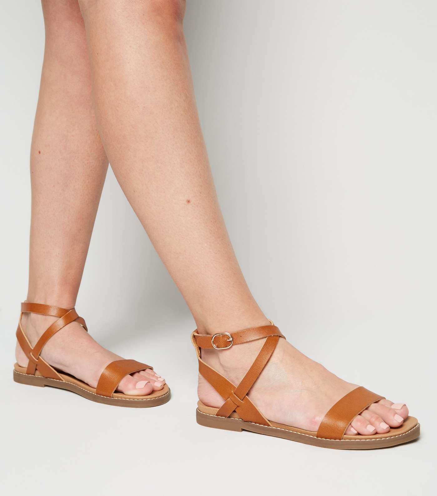 Tan Leather-Look Cross Strap Footbed Sandals Image 2