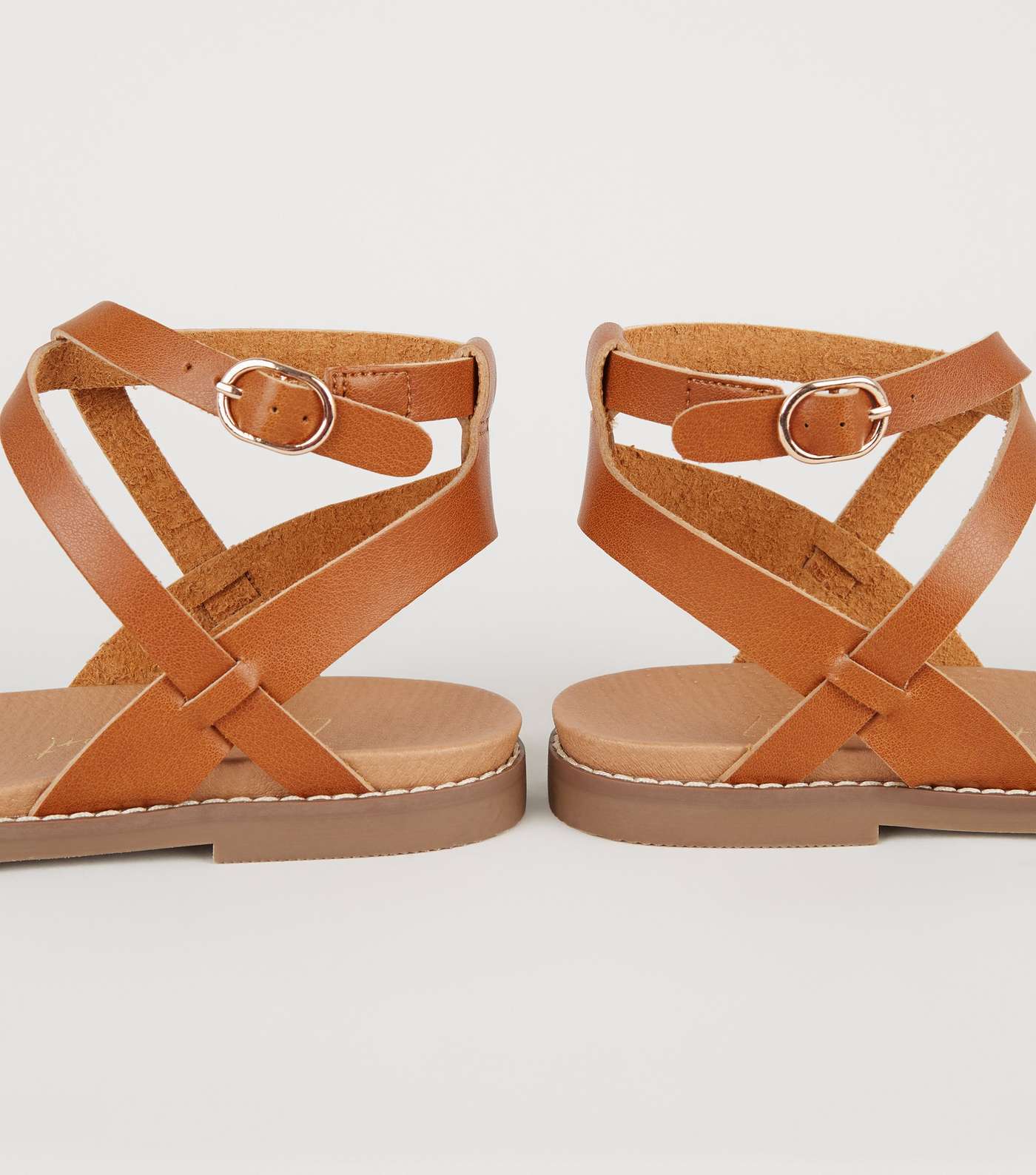 Tan Leather-Look Cross Strap Footbed Sandals Image 4