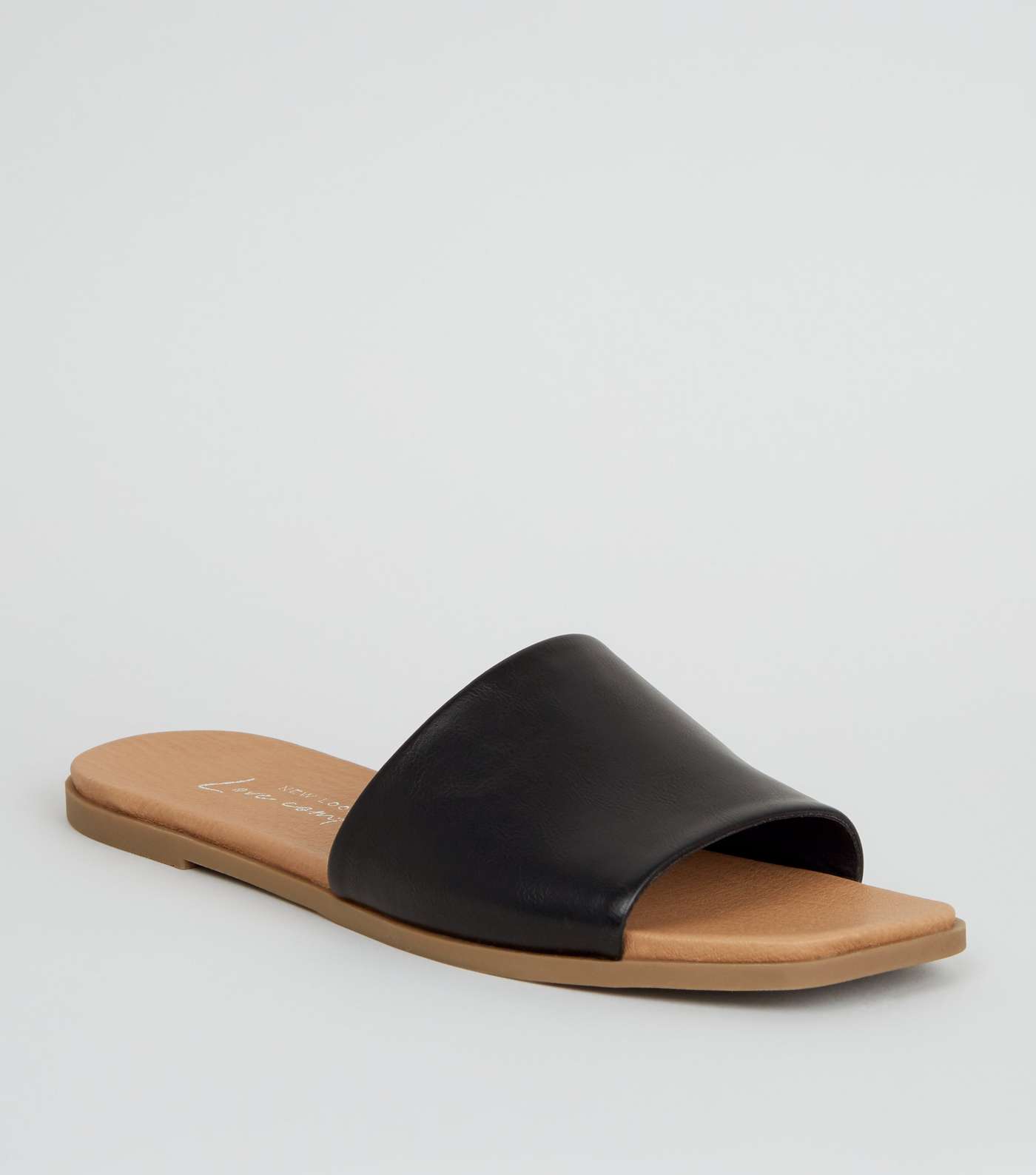 Black Leather-Look Square Toe Sliders