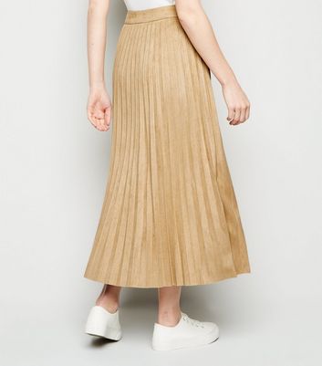 Image of Camel Suedette Pleated Midi Skirt New Look
