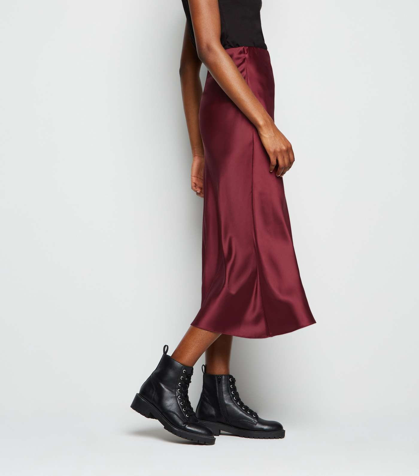 Burgundy Bias Cut Satin Midi Skirt  Image 5