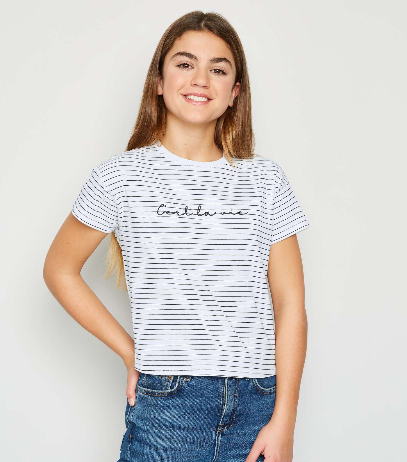 Girls White Stripe C'est La Vie Slogan T-Shirt