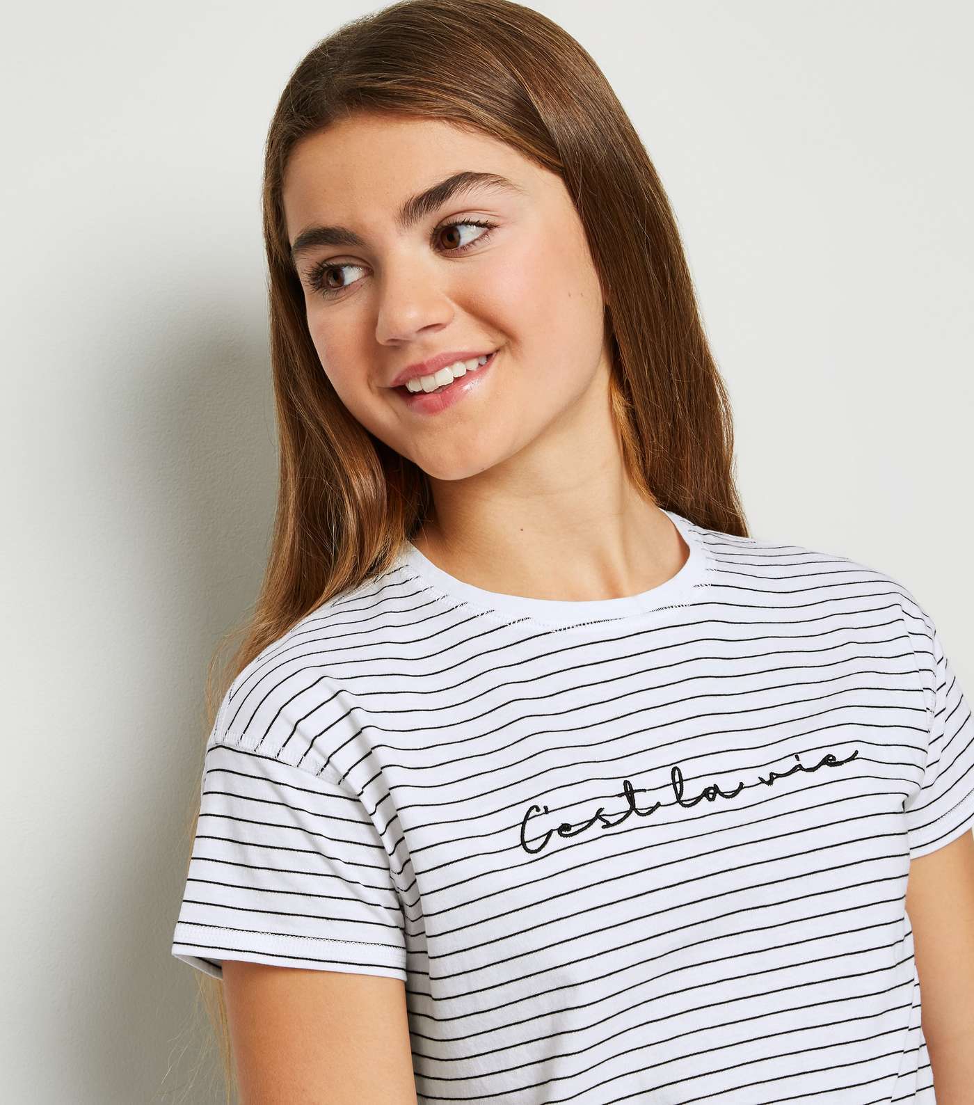 Girls White Stripe C'est La Vie Slogan T-Shirt Image 5