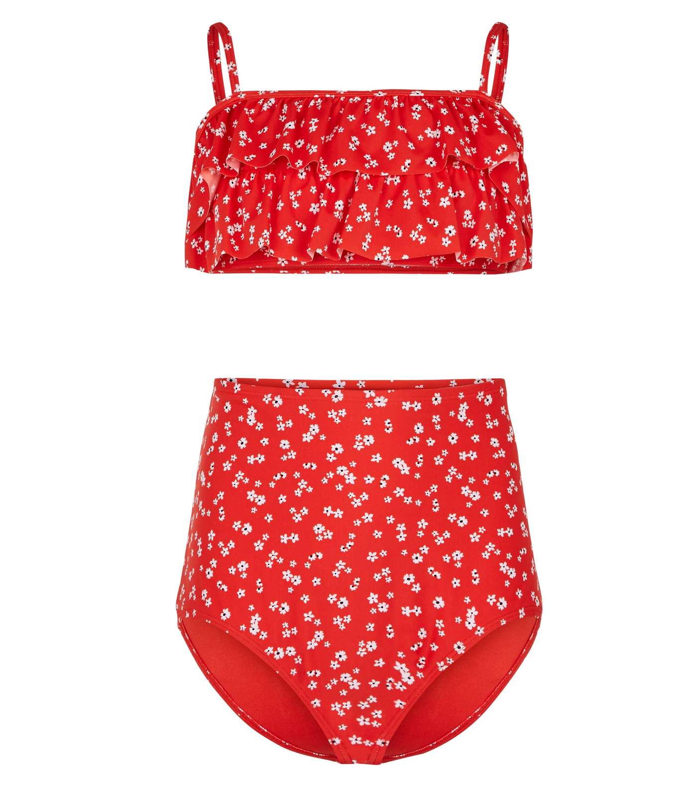 Girls Red Ditsy Floral Frill High Waist Bikini Set