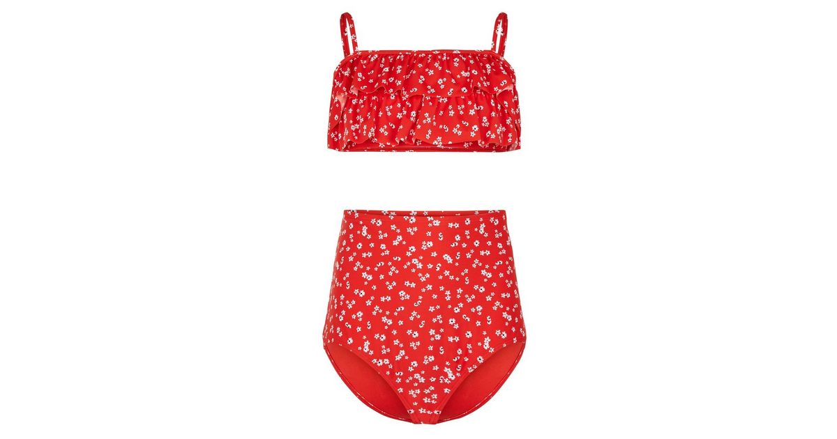 Girls Roter High Waist Bikini Mit Blumchenmuster Und Ruschen New Look
