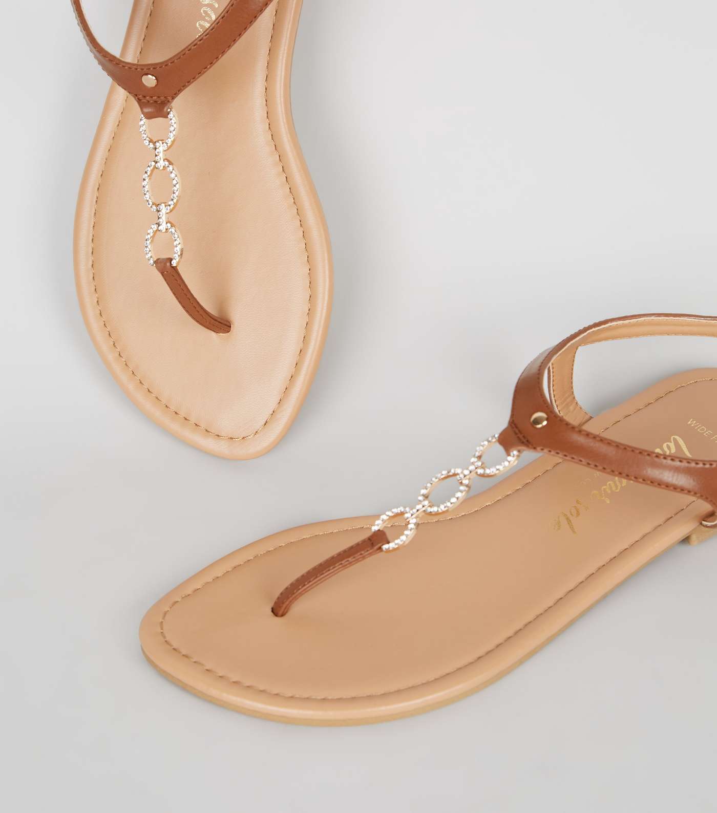 Wide Fit Tan Leather-Look Diamanté Chain Sandals Image 4
