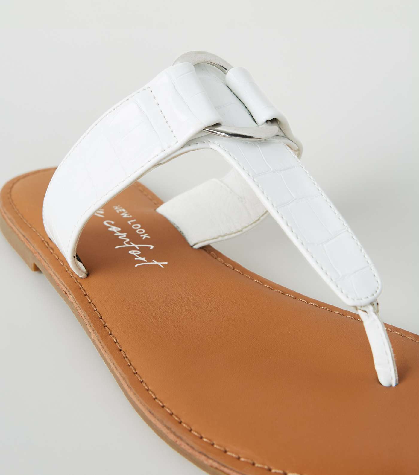 Wide Fit White Faux Croc Metal Ring Sandals Image 4