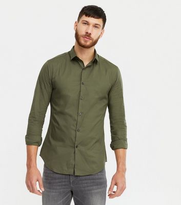 Khaki Long Sleeve Muscle Fit Poplin 