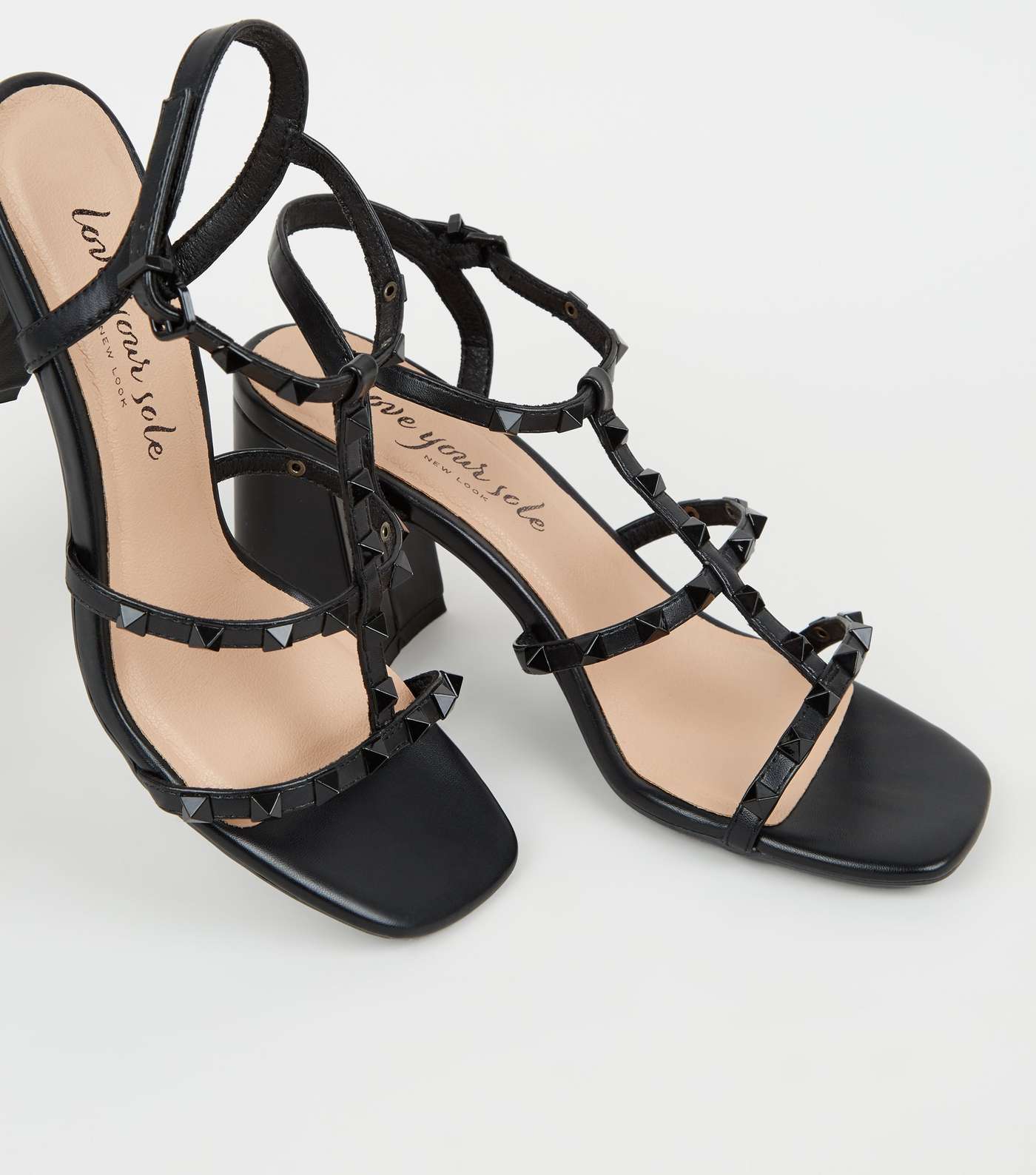 Black Leather-Look Stud Strap Block Heels Image 3