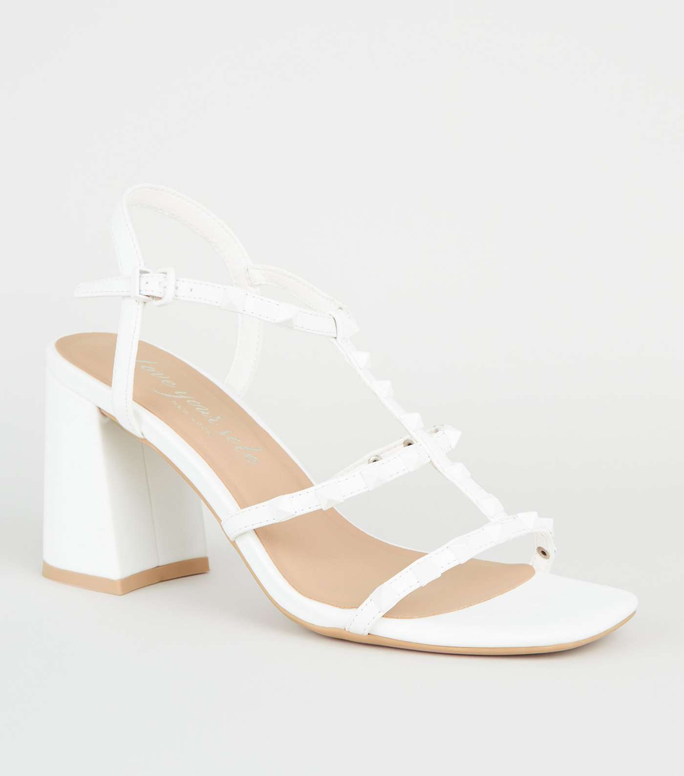 White Leather-Look Stud Strap Block Heels