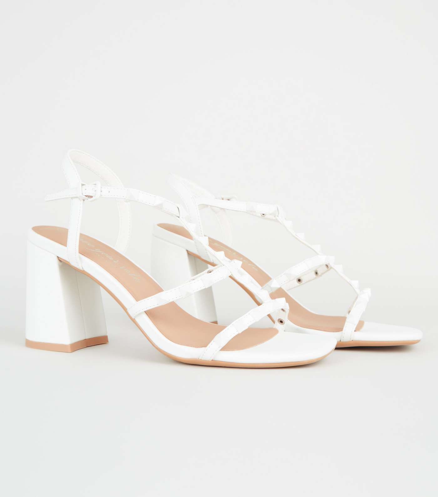 White Leather-Look Stud Strap Block Heels Image 3