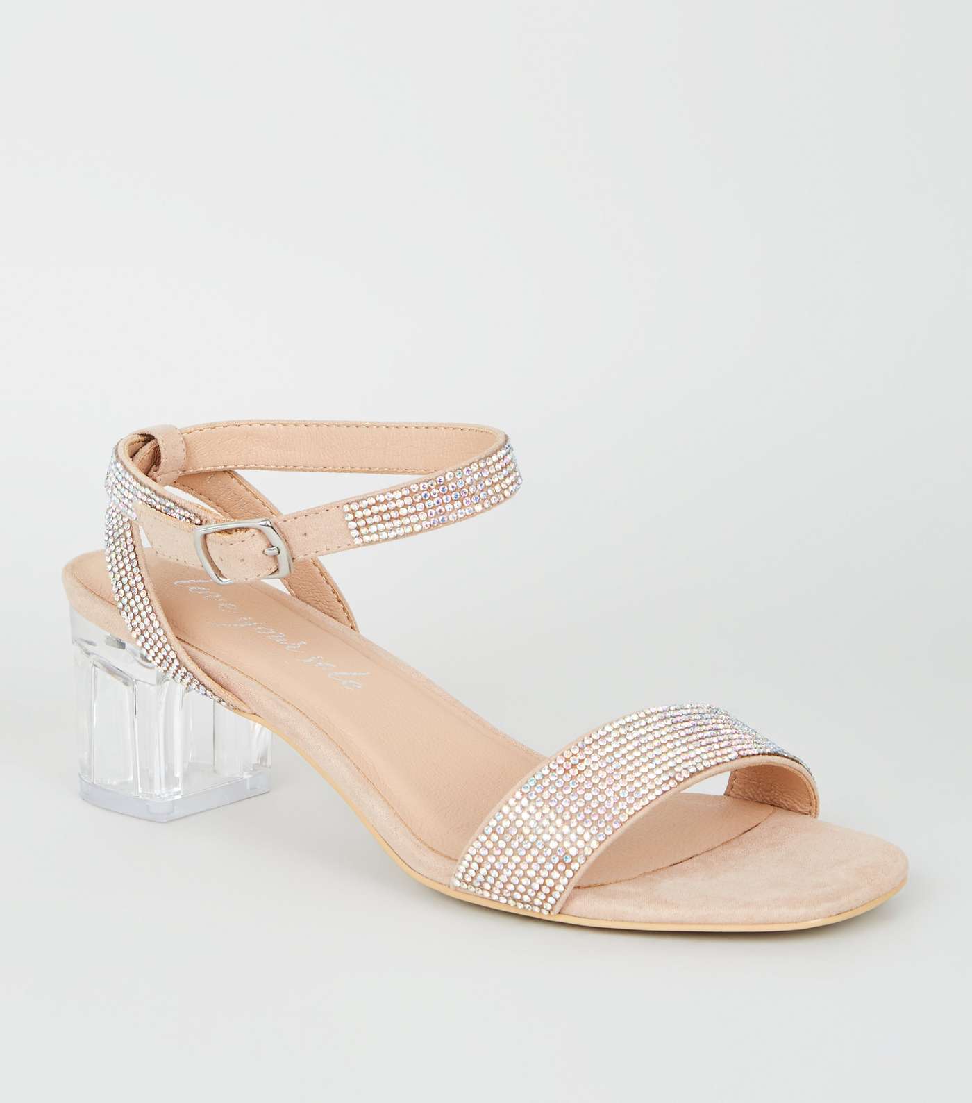 Pale Pink Suedette Diamanté Clear Block Heel Sandals