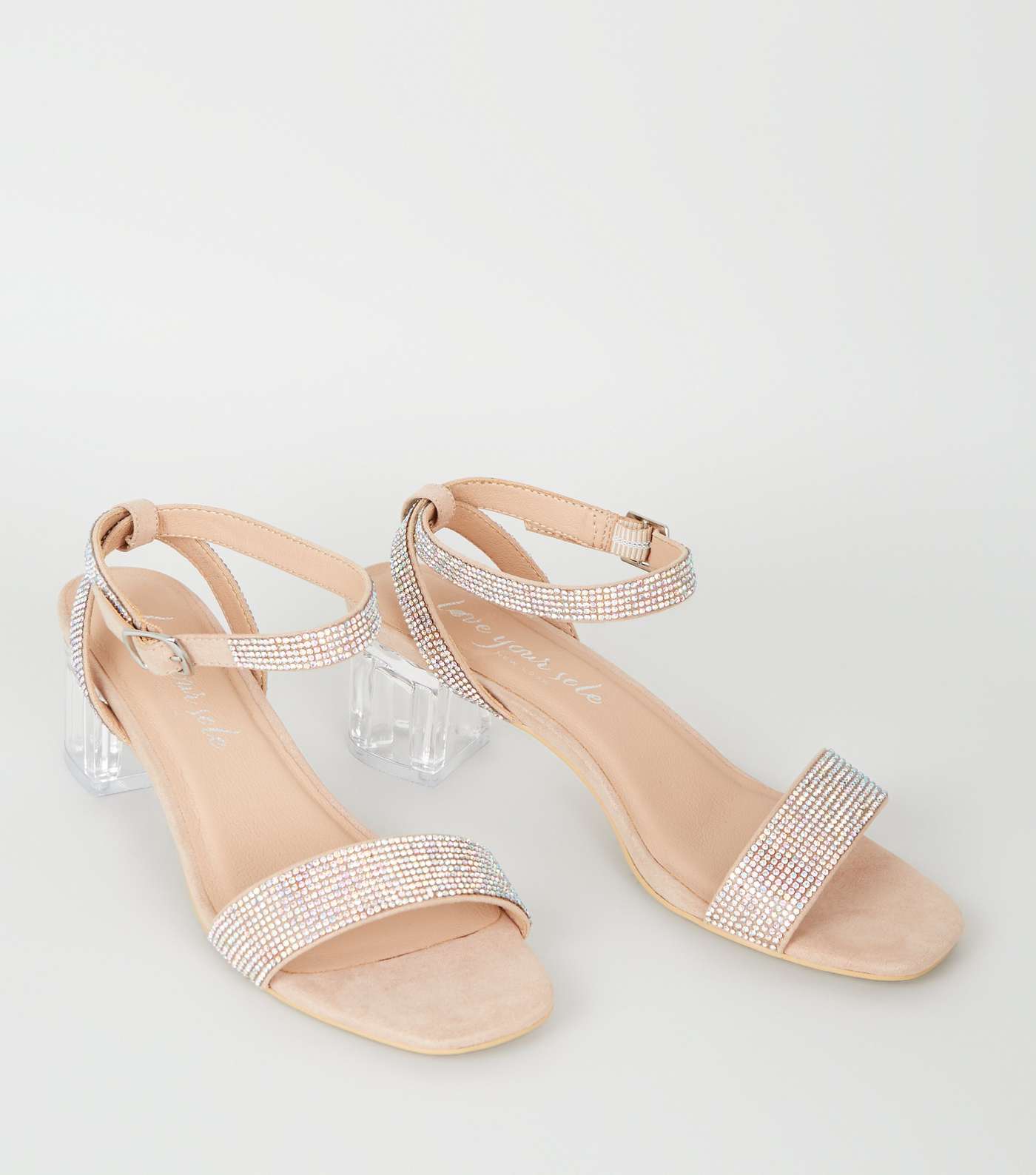 Pale Pink Suedette Diamanté Clear Block Heel Sandals Image 3