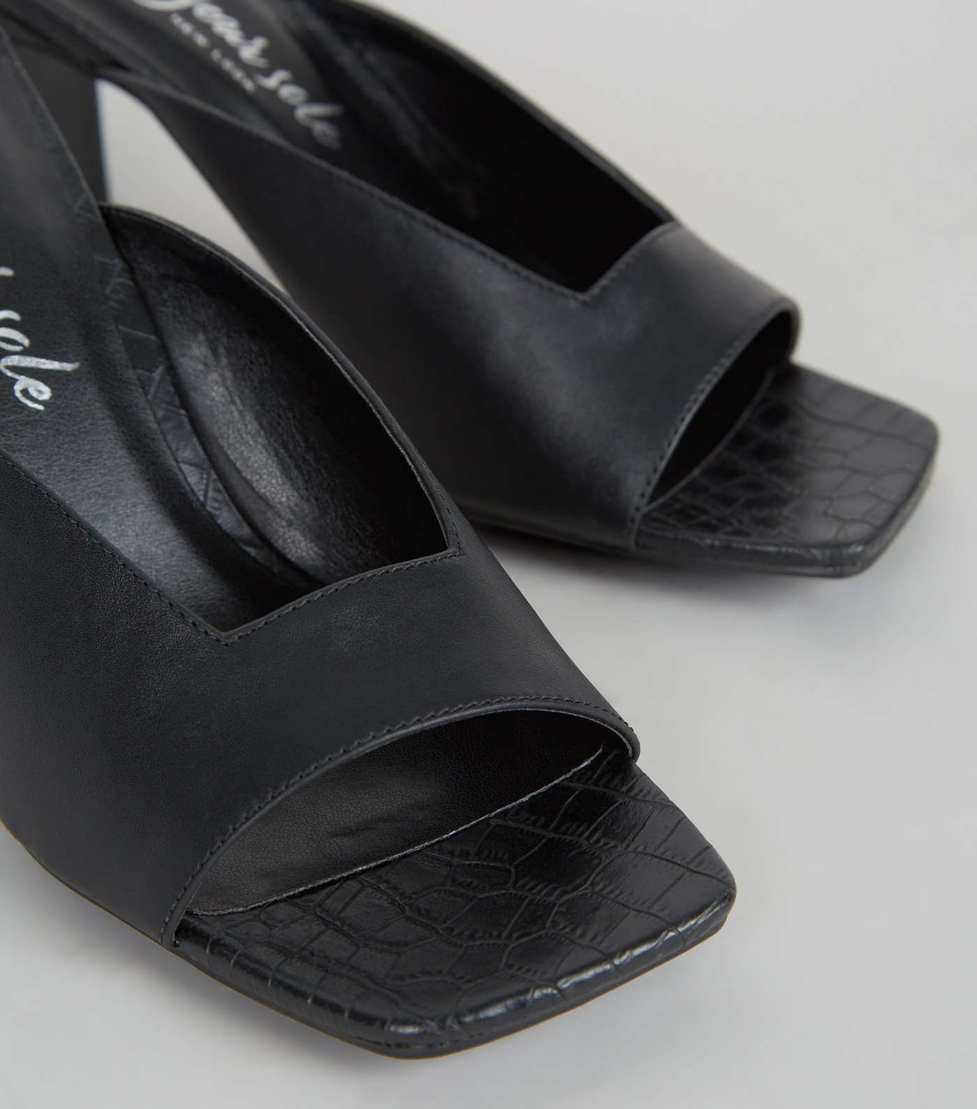 Black Leather-Look Slim Block Heel Mules Image 4