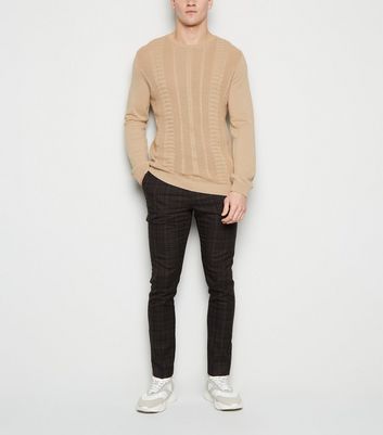 Image of Stone Cable Knit Muscle Fit Jumper New Look