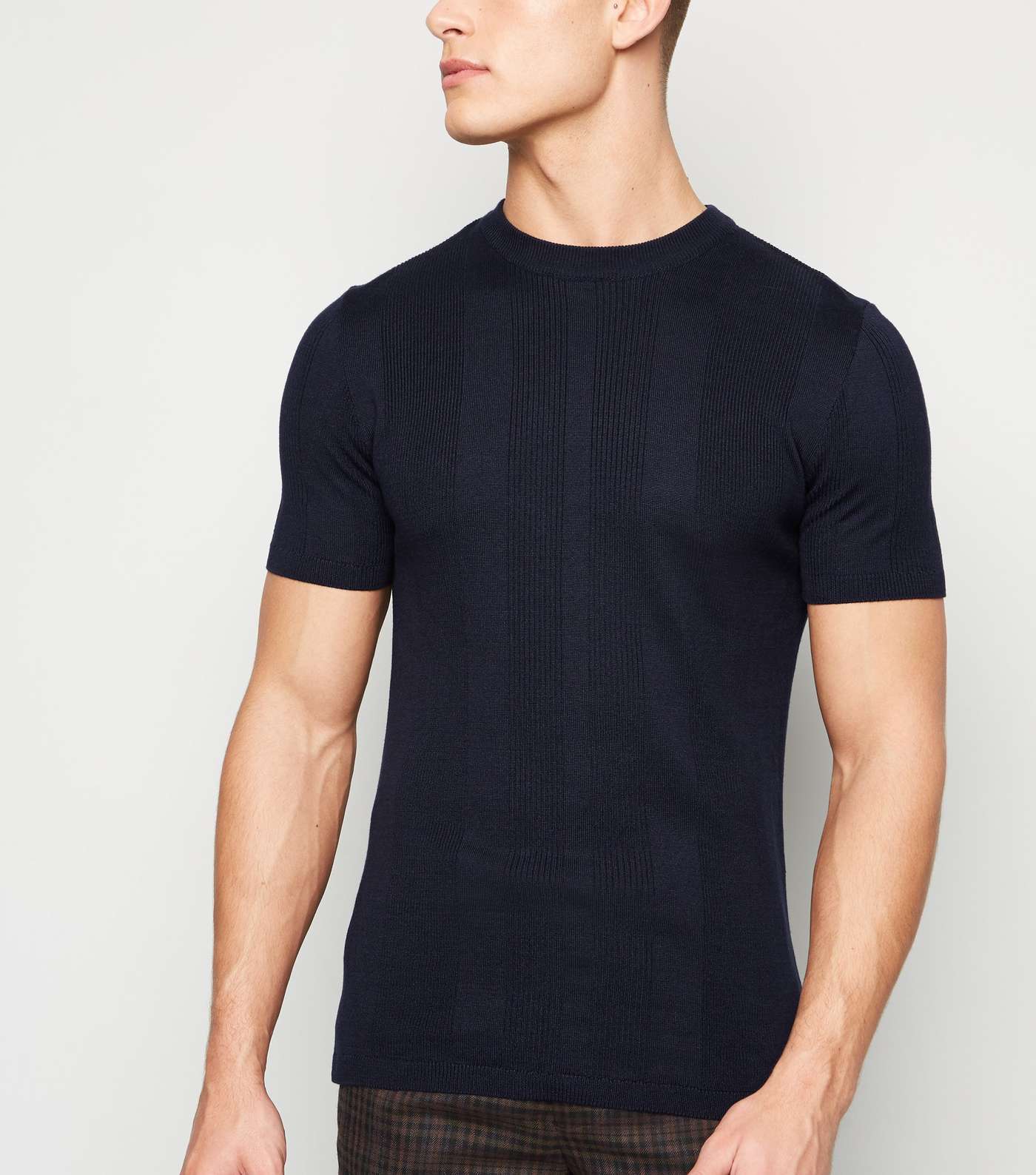 Navy Ribbed Knit Muscle Fit T-Shirt