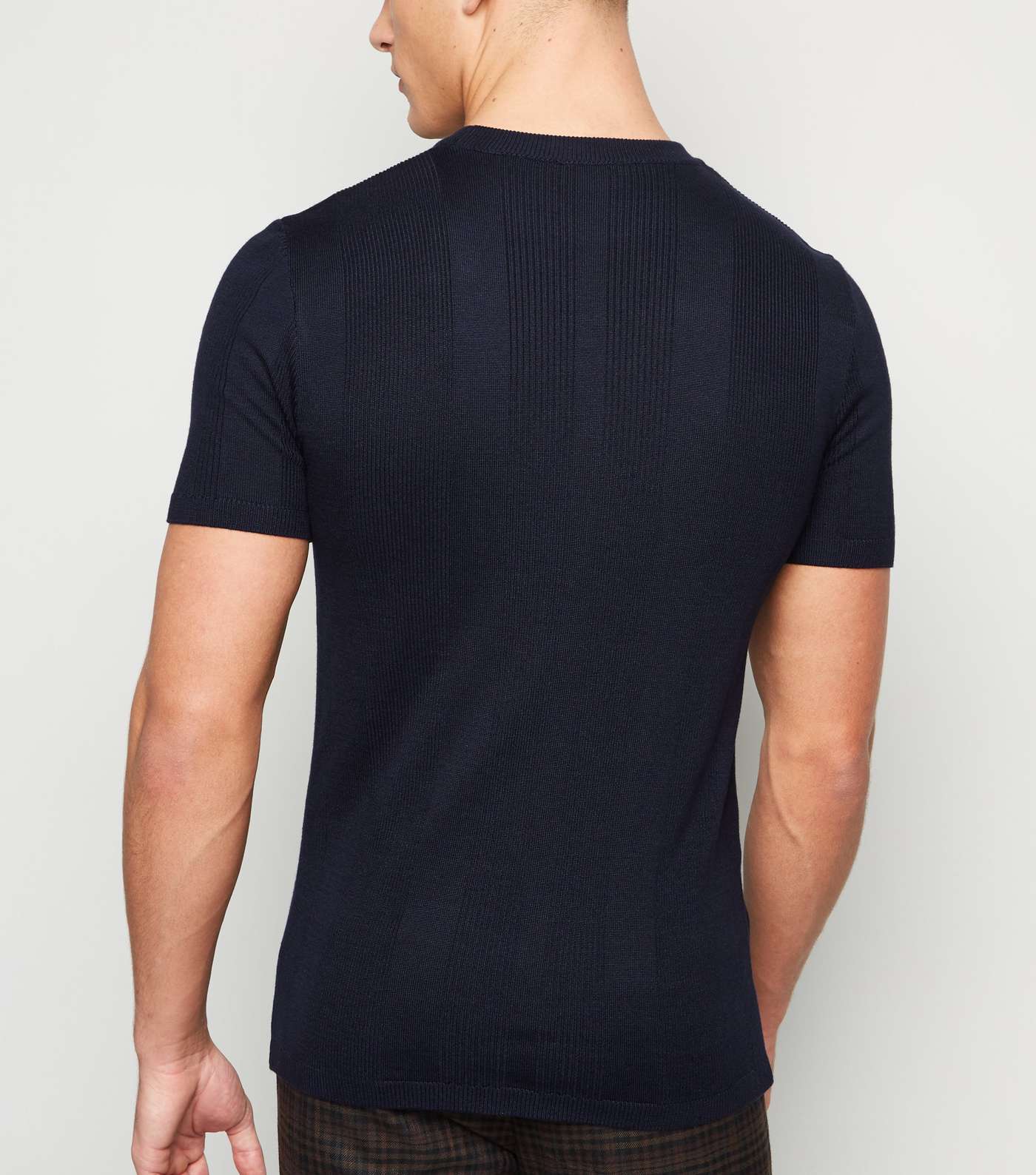 Navy Ribbed Knit Muscle Fit T-Shirt Image 3