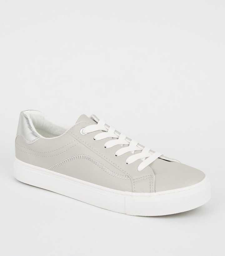 Grey Leather-Look Side Stitch Trainers