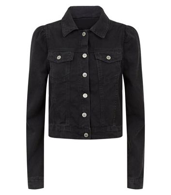black puff shoulder denim jacket