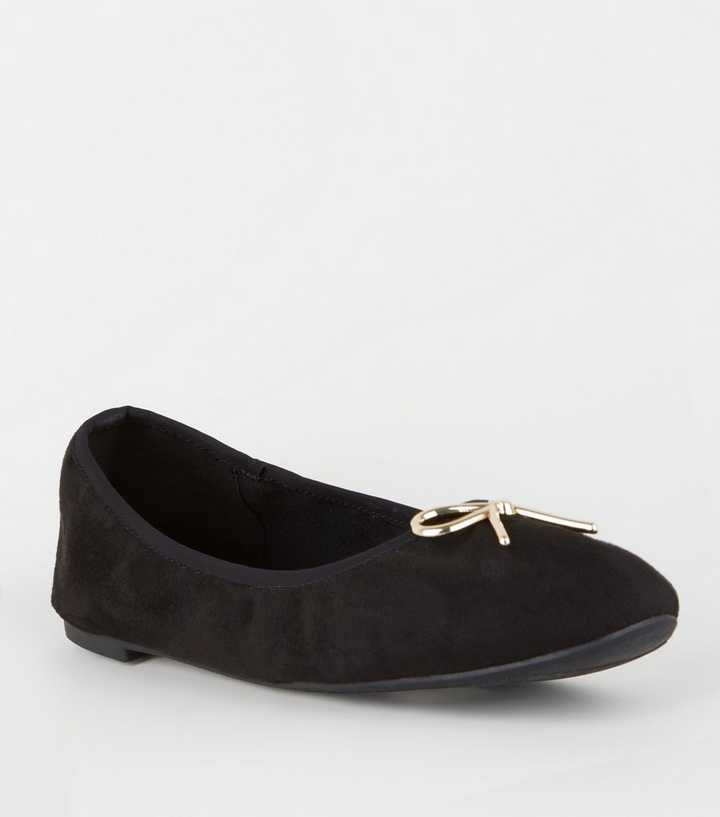 Wide Fit Black Suedette Metal Bow Ballet Pumps | New Look
