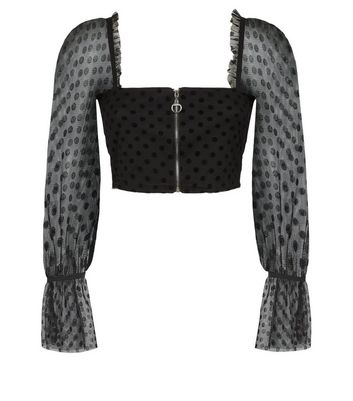 Image of Cameo Rose Black Spot Mesh Bustier Crop Top New Look