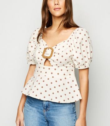 Image of Blue Vanilla Brown Spot Buckle Peplum Top New Look