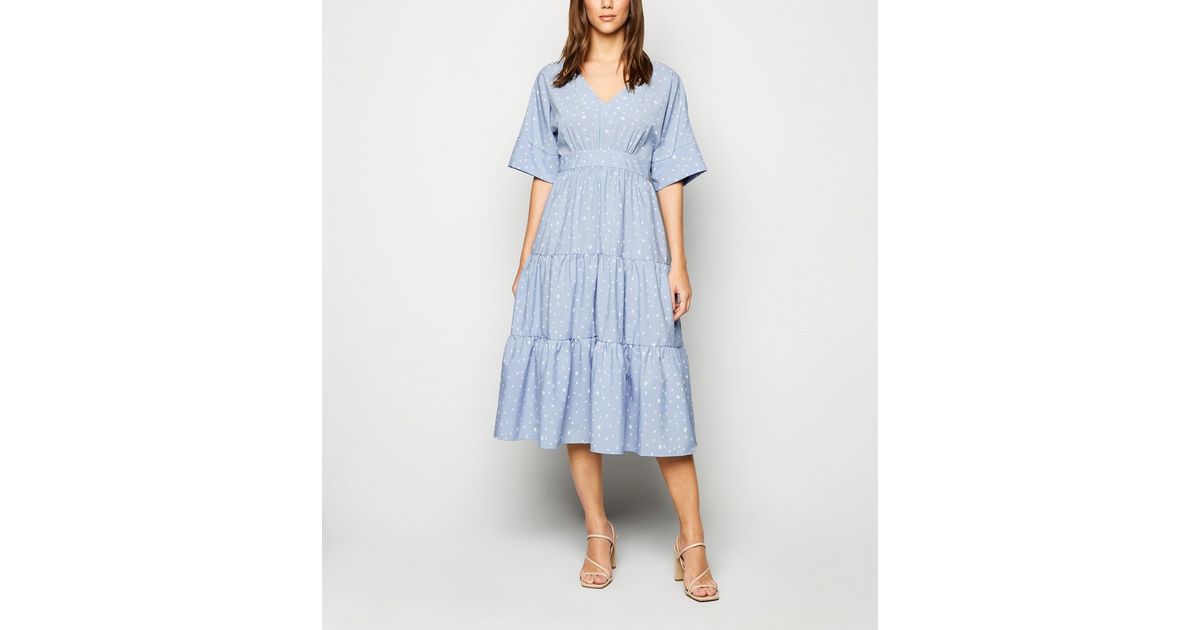 Blue Vanilla Pale Blue Spot Tiered Midi Dress | New Look