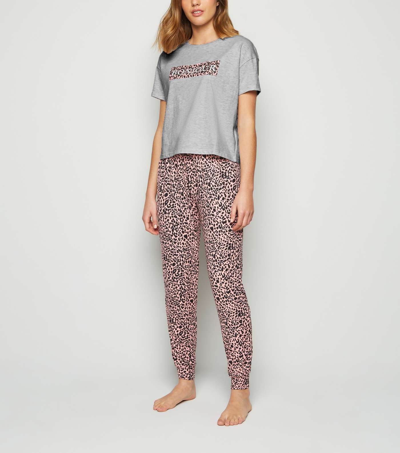 Light Grey Leopard Print Slogan Pyjama Set