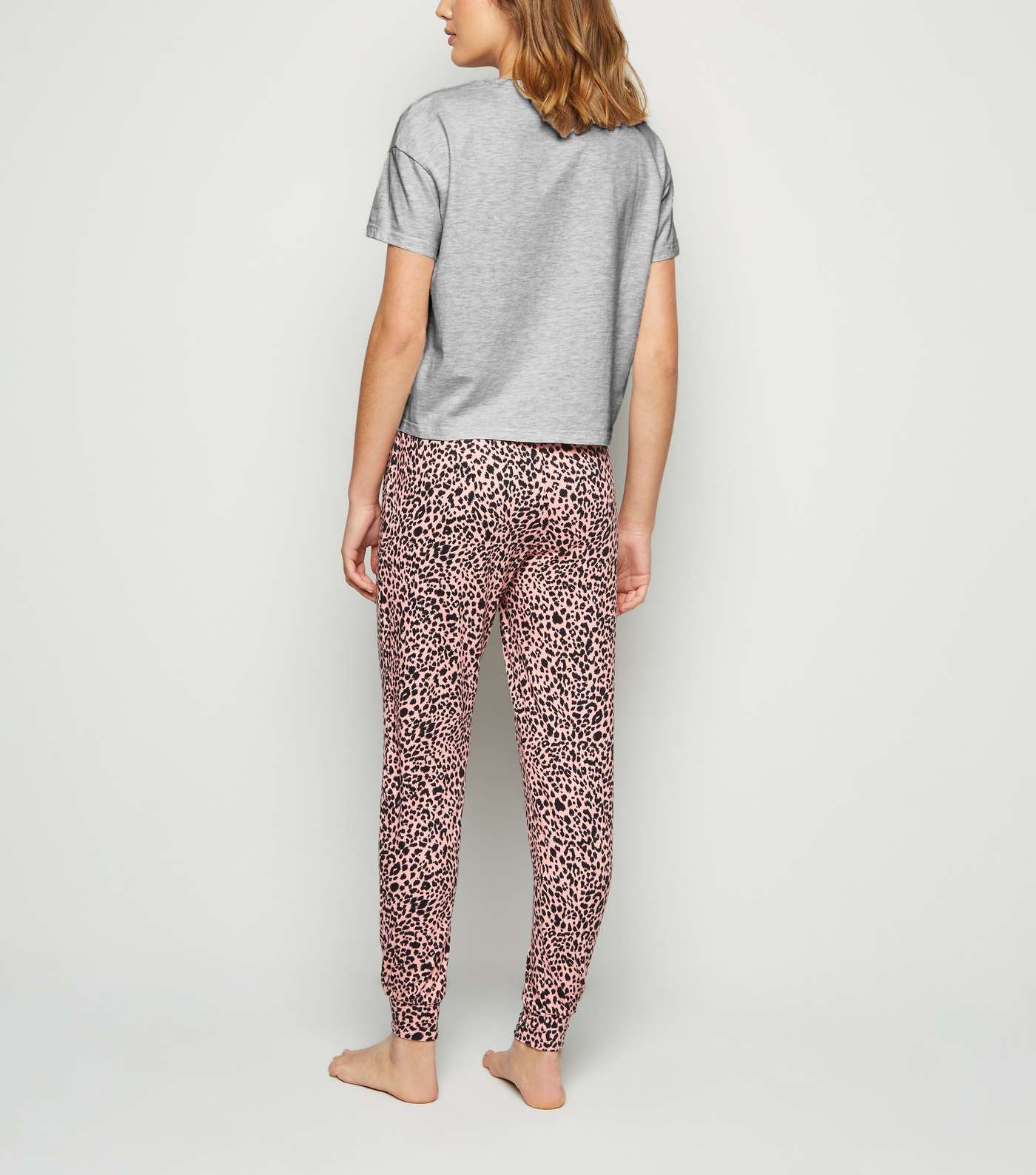 Light Grey Leopard Print Slogan Pyjama Set Image 3