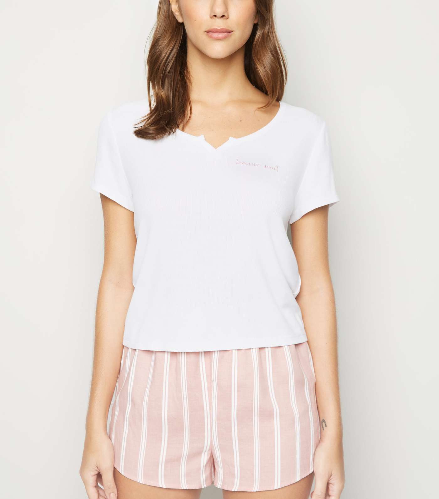 White Stripe Slogan Shorts Pyjama Set Image 5