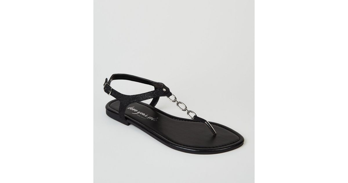 Wide Fit Black Glitter 3 Ring Flat Sandals | New Look