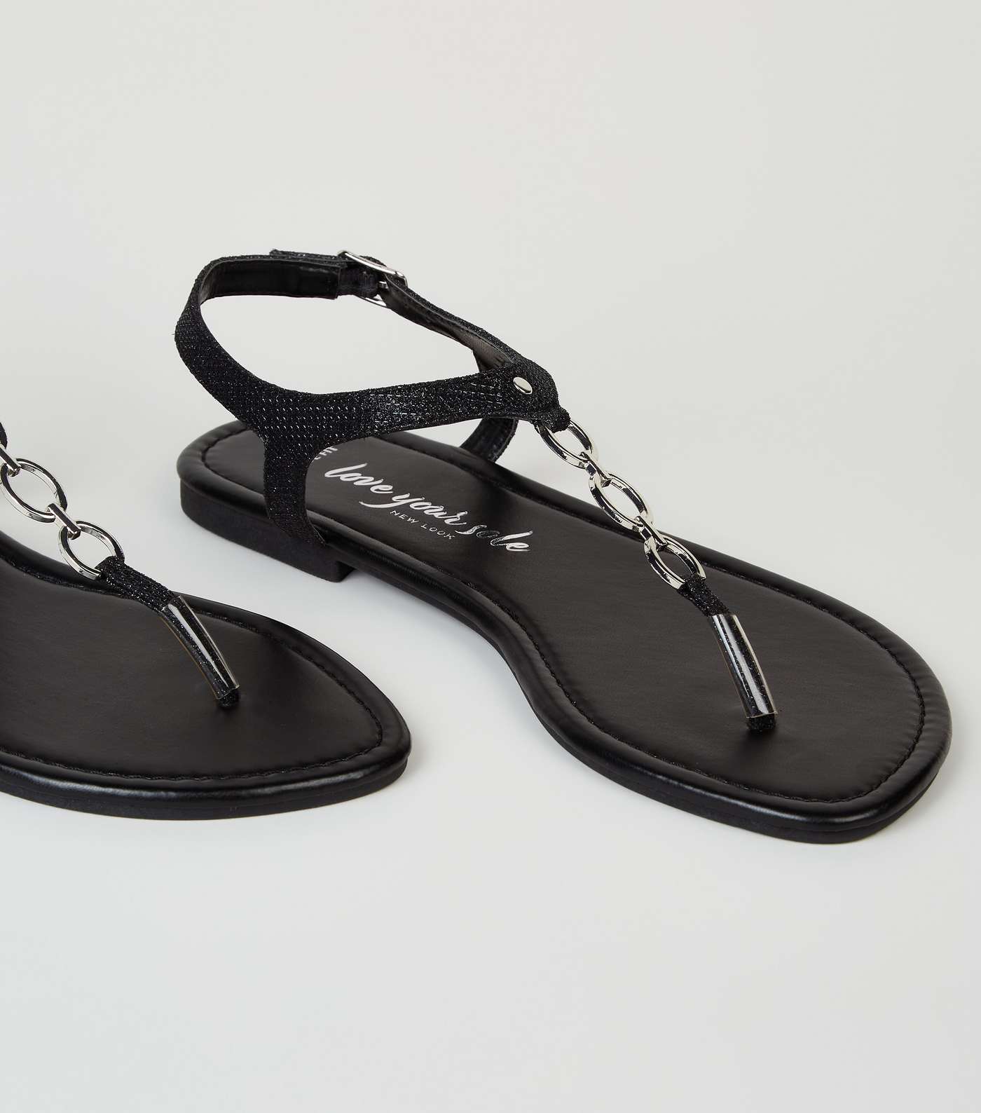Wide Fit Black Glitter 3 Ring Flat Sandals Image 4