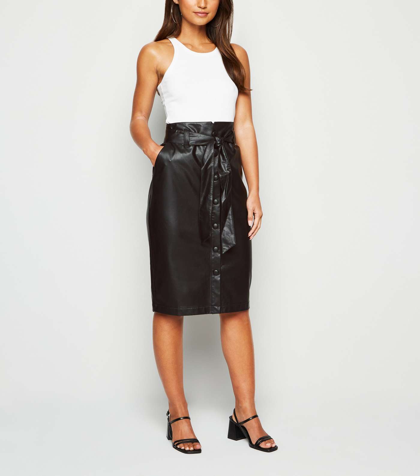 Petite Black Leather-Look Belted Pencil Skirt