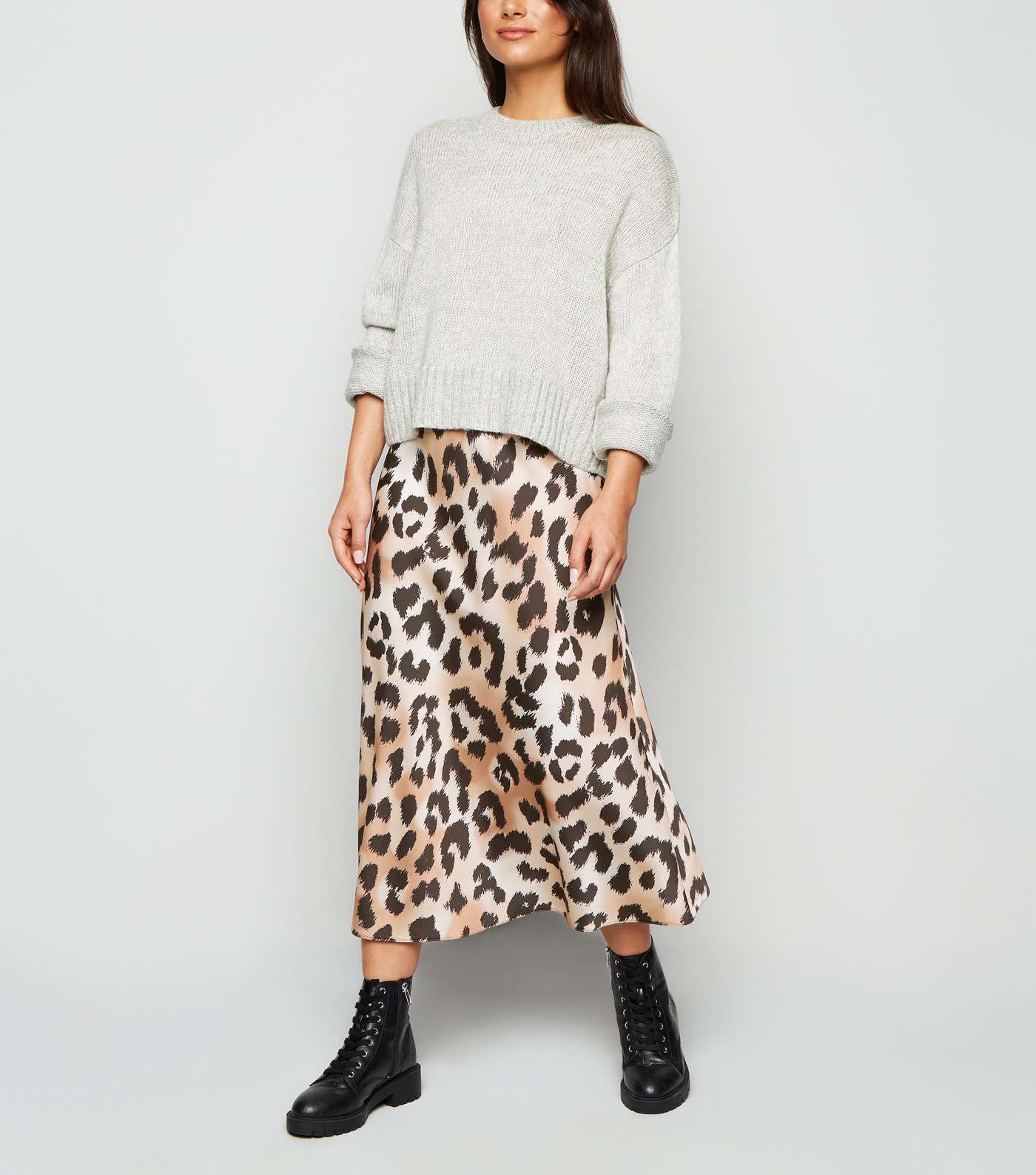 Petite Brown Leopard Print Satin Midi Skirt