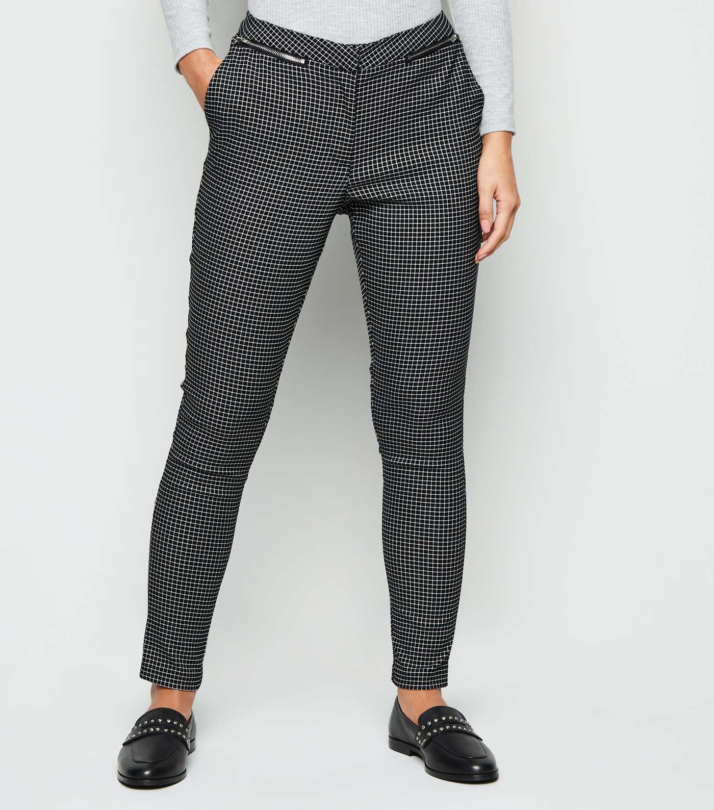 Petite Black Grid Check Skinny Trousers Image 2