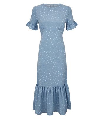 Image of Blue Vanilla Pale Blue Spot Frill Midi Dress New Look