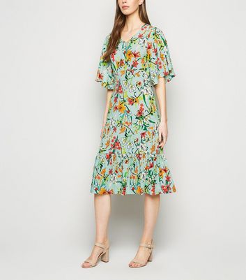 Image of Blue Vanilla Mint Green Tropical Floral Midi Dress New Look
