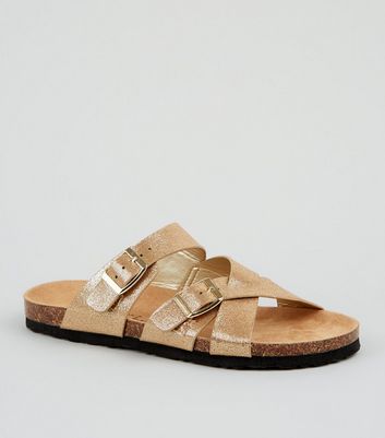 Wide Fit Gold Cross Strap Buckle Footbed Sandals | New Look