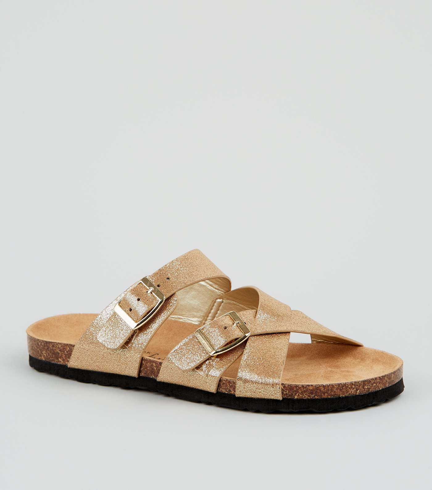 Wide Fit Gold Cross Strap Buckle Footbed Sandals