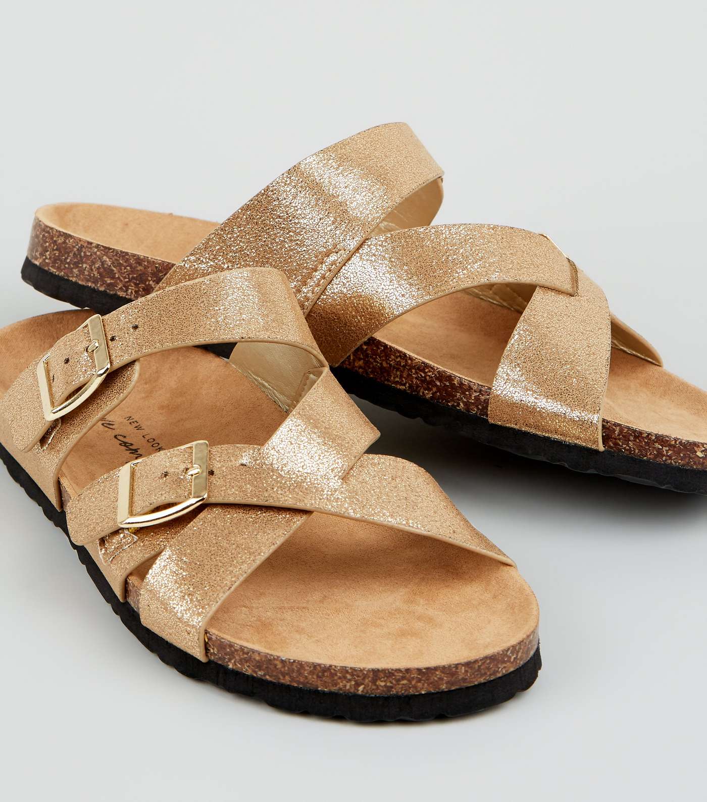 Wide Fit Gold Cross Strap Buckle Footbed Sandals Image 3
