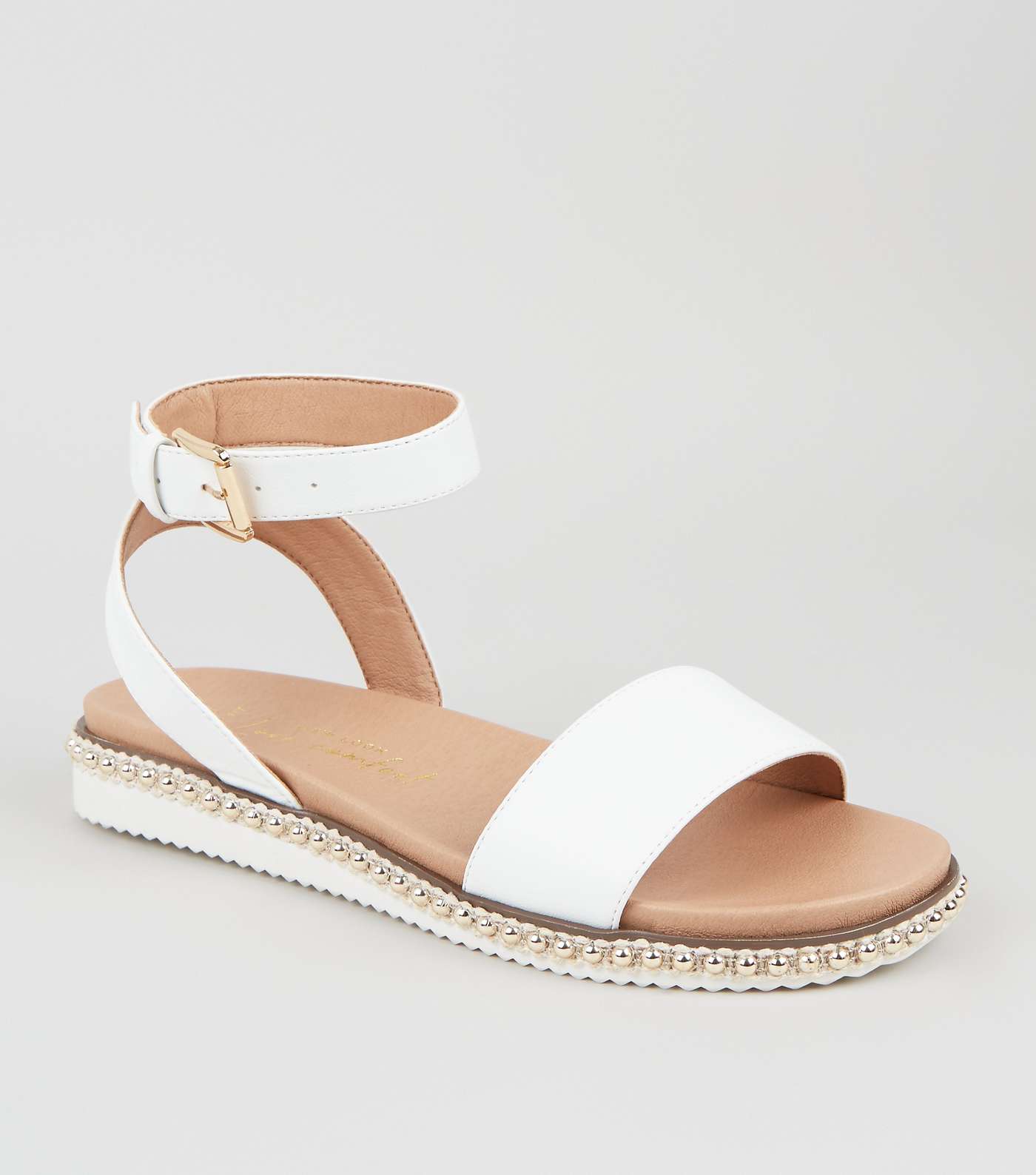 Wide Fit White Stud Trim Footbed Sandals