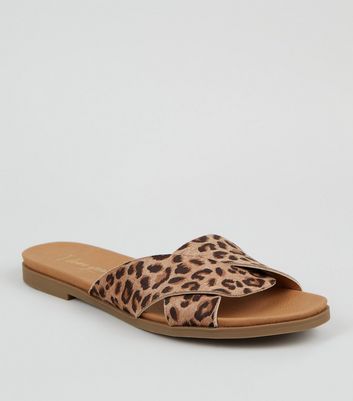 Wide Fit Stone Leopard Print Footbed Sliders | New Look